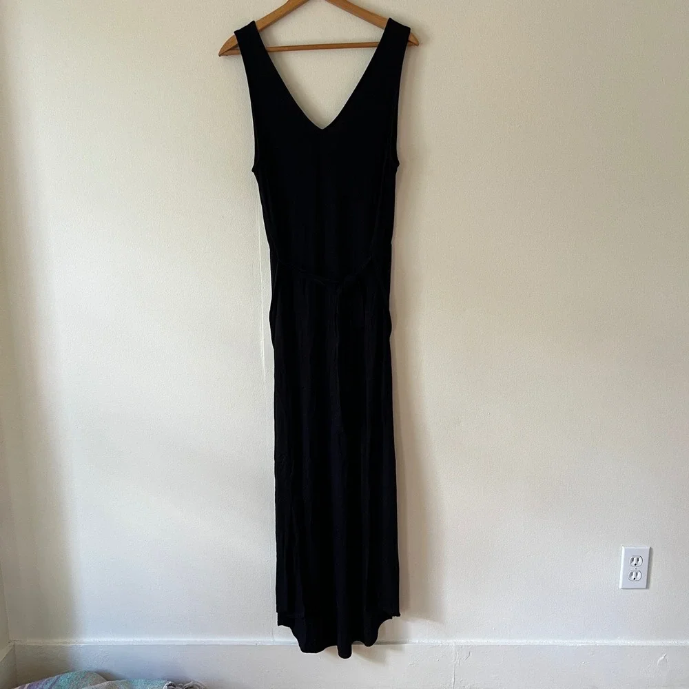 Summer Maxi Tank Dress Women's Sz Large Black V-Neck Tie Belt Boho Casual Comfy